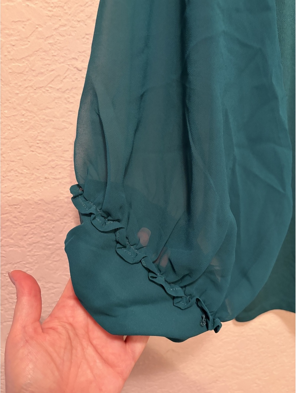 Plus Size Teal Blue Sheer Sleeve Blouse with Ruffle Cuffs - Picture 4 of 4